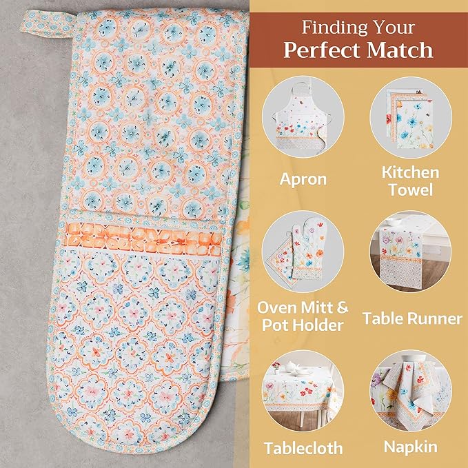 Maison d' Hermine Double Oven Mitts 100% Cotton 7"x35" Double Oven Mitt Heat Resistant BBQ Cooking Gloves with Loop, Baking, Grilling, Home, Kitchen, Handling Hot Pans Spring Summer (Summer Whisper)