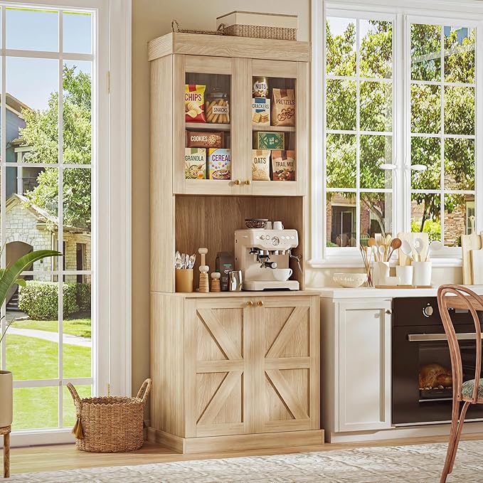 Vyre 71" Farmhouse Pantry Cabinet Set of 2, Rustic Brown Freestanding Coffee Bar Hutch with Glass Doors & Adjustable Shelves, Microwave Stand for Kitchen, Living Room