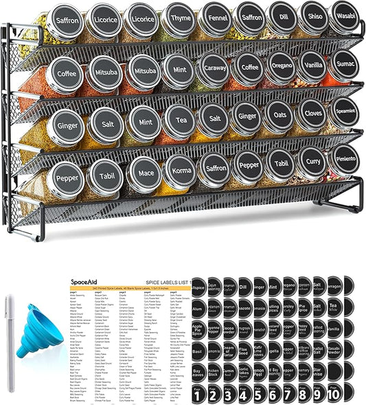 SpaceAid Spice Rack Organizer with 36 Spice Jars, 386 Spice Labels, Chalk Marker and Funnel Set for Cabinet, Countertop, Pantry, Cupboard or Door & Wall Mount - 36 Jars, 17.2" W 횞 10.8" H, Black