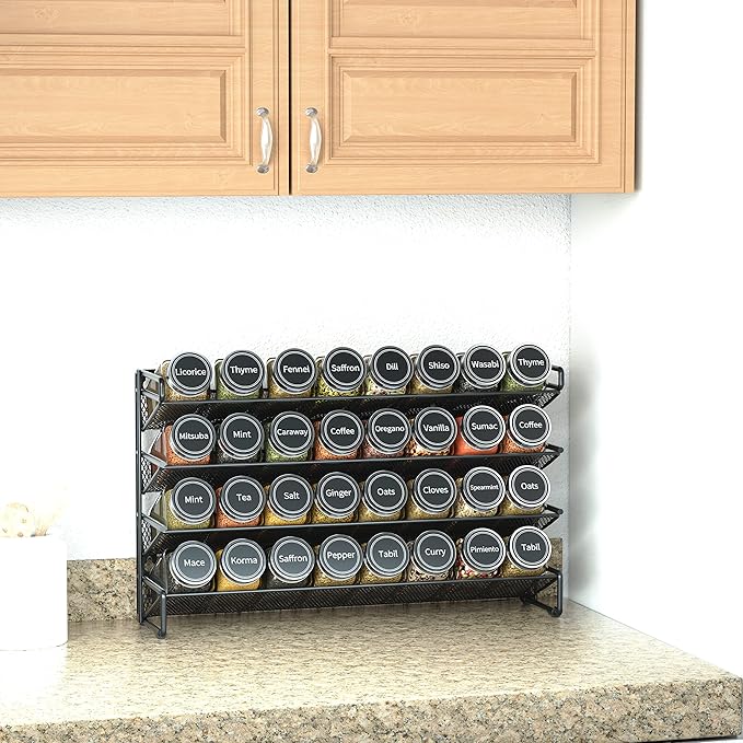 SpaceAid Spice Rack Organizer with 32 Spice Jars, 386 Spice Labels, Chalk Marker and Funnel Set for Cabinet, Countertop, Pantry, Cupboard or Door & Wall Mount - 32 Jars, 15.3" W 횞 10.8" H, Black