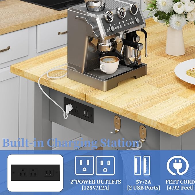 60" Solid Rubberwood Kitchen Island with Power Outlets - Extra Large Work Surface, 3 Drawers & 2 Open Shelves Storage Cabinet for Kitchen Dining Room, Farmhouse Style (Grey)