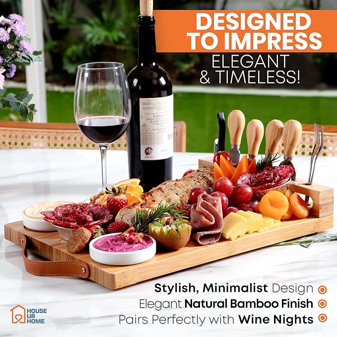 Bamboo Charcuterie Board Gift Set with Leather Handles, Knives, Wine Opener & Bowls ??Elegant for Hosts, Couples & New Homeowners