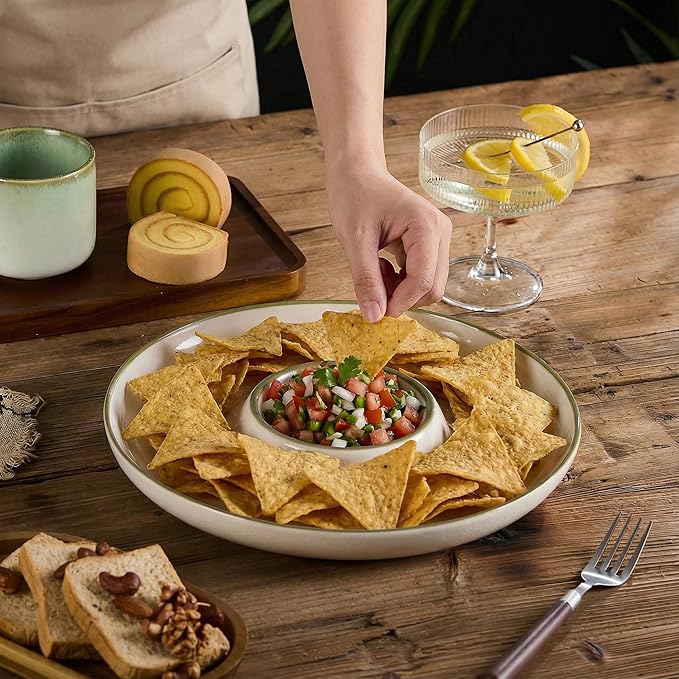 Ceramic Chip & Dip Tray Set: Large 11.5" Serving Platter for Chips & Salsa, Veggies & Dip, Fruits, Snacks, Appetizers Bowl, Entertaining, and Parties