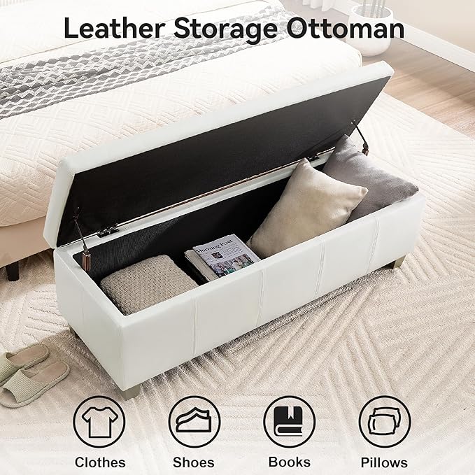 WUTUTUEE 41" Faux Leather Storage Ottoman, Stitch Tufted Rectangle Upholstered End of Bed Storage Bench, Entryway Large Couch Ottoman with Wooden Legs,White