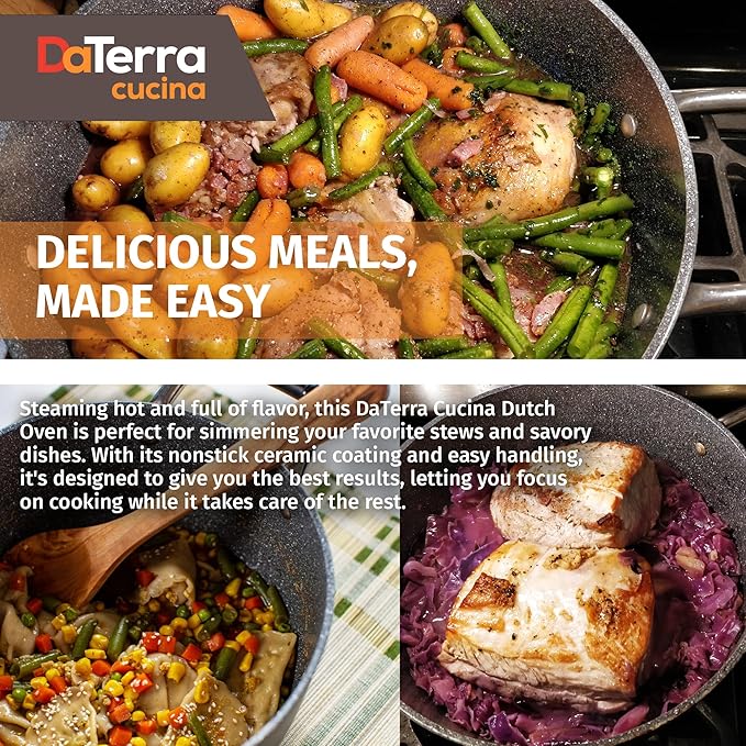 DaTerra Cucina ??8 Qt Nonstick Ceramic Dutch Oven with Lid ??Large Oven Safe Stock Pot, Induction Compatible, Lightweight, Lead & PFOA Free, Volcanic Black, Durable Nonstick Cookware ??Made in Italy