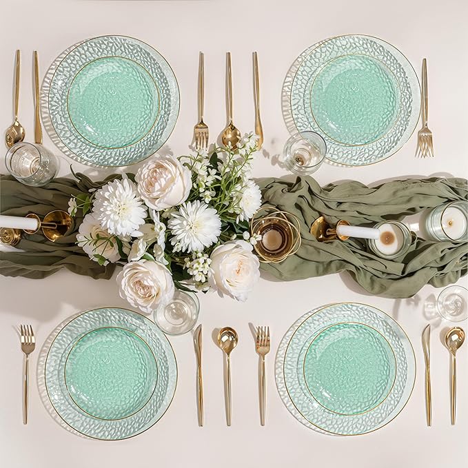 SUT 100Pcs Green Plastic Plates, Hammered Plates Disposable Heavy Duty, Green Disposable Plates With Gold Rim, Fancy Plastic plates Include 50 Dinner plate and 50 Dessert plate for Wedding