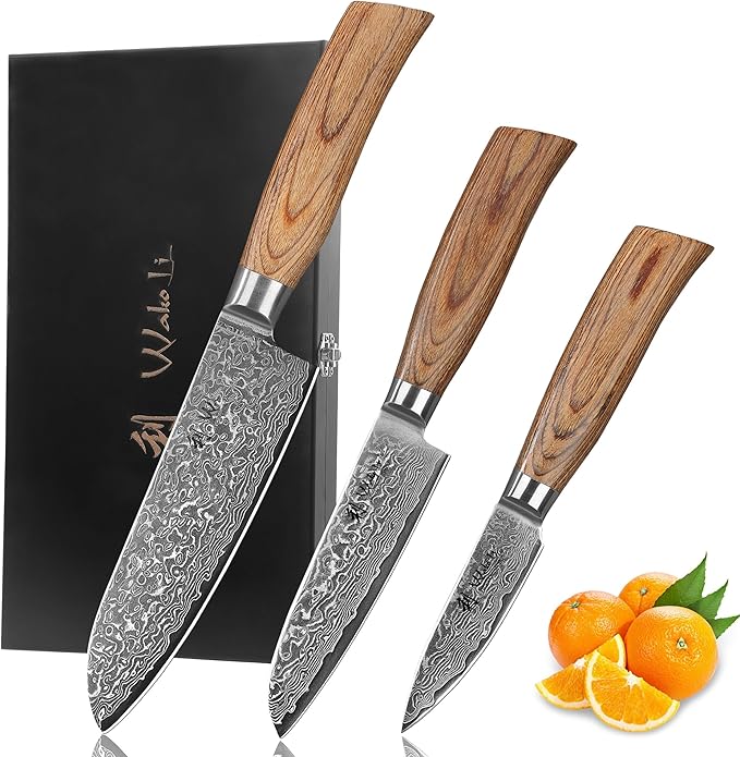 Wakoli EDIB Pro 3-Piece Damascus Kitchen Knife Set in Gift Box ??Sharp Knives Set made of Genuine Damascus Steel (VG10 Core) ??Santoku, Small Santoku & Paring Knife ??Ergonomic Pakkawood Handles