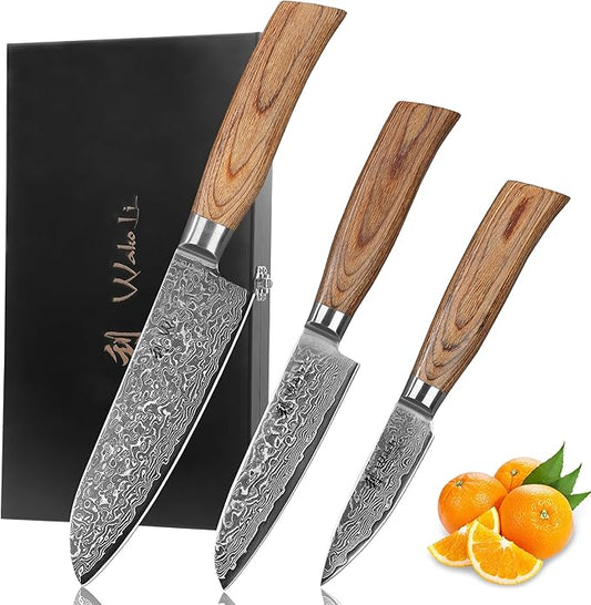 Wakoli EDIB Pro 3-Piece Damascus Kitchen Knife Set in Gift Box ??Sharp Knives Set made of Genuine Damascus Steel (VG10 Core) ??Santoku, Small Santoku & Paring Knife ??Ergonomic Pakkawood Handles