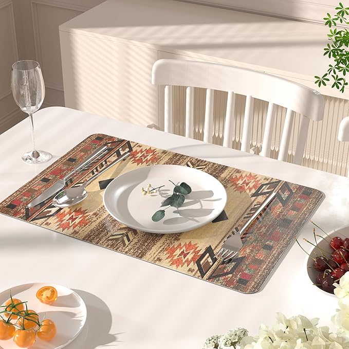 QIYI Placemats Set of 6, 12x18 Inch PU Leather Place Mats for Kitchen Dinning, Heat Resistant Anti Slip Brown Table Mats, Waterproof Wipeable Washable Placemat Party Table D챕cor, Geometric Motifs