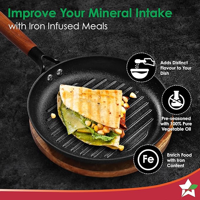 Wonderchef Pre-Seasoned Ferro Light Grill Pan 2.5MM Acacia Wooden Handles Gravity Moulding Technology No Chemical Coating 10 Year 24 cm Black