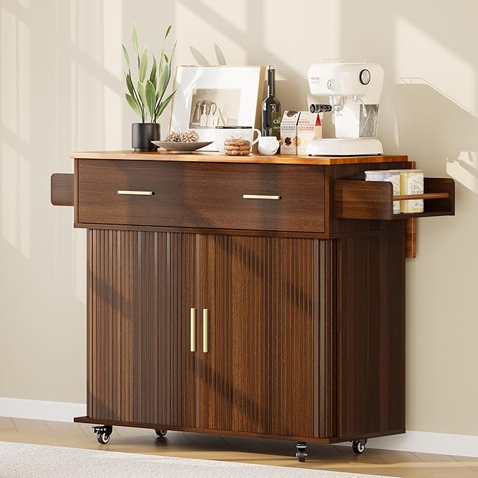 DHH Rolling Kitchen Island with Drop Leaf Countertop&Ample Storage - 39.4" Small Mobile Kitchen Cart On Wheels with Sliding Door,Drawers,Spice Rack & 2-Tier Storage (Walnut)