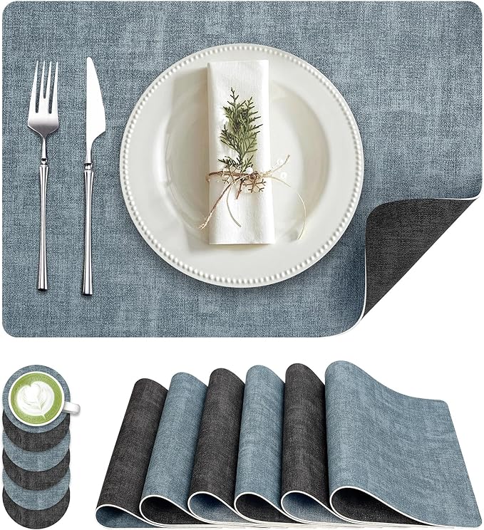 Fyvva Placemats Set of 6, Faux Leather Heat Resistant Wipeable Placemats, Dual Sided Waterproof Washable Table Mats with Coaster, Suitable for Kitchen, Dining, Table Decor (6, Black Light Blue)
