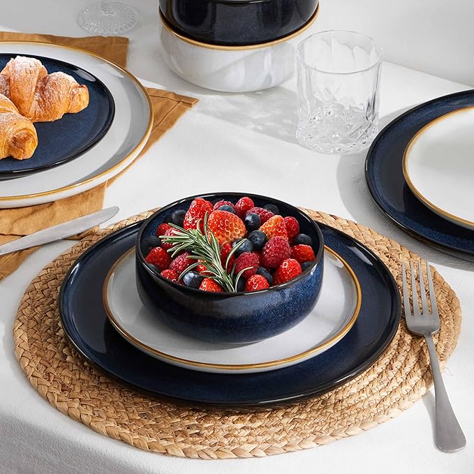 Herogo 12-Piece Stoneware Dinnerware Sets for 4, Dinner Plates and Bowls Sets, Double Reactive Glaze Dishware Place Setting for Kitchen, Scratch Resistant, Microwave Safe, Ivory White & Starry Blue