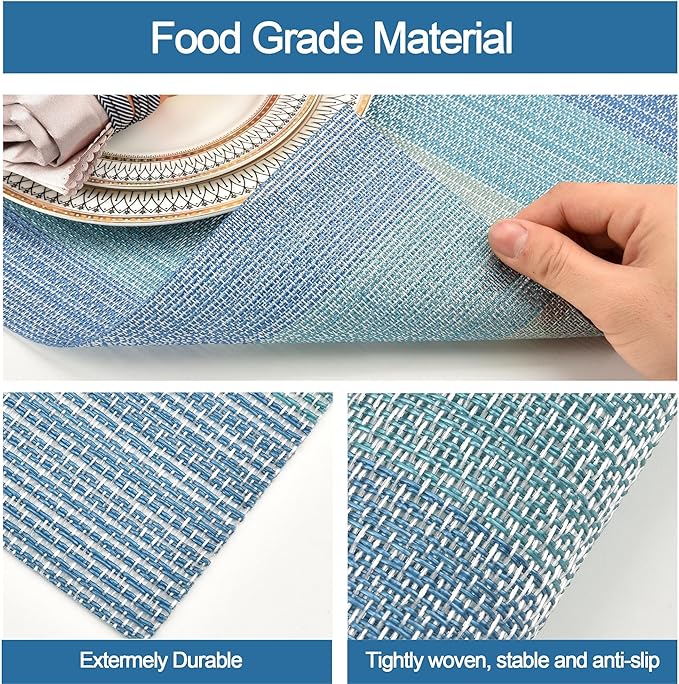 SLKQG Placemats Set of 6 - Easy Clean Washable Vinyl Placemats - Wipeable Heat Resistant Table Mats for Dining Table - 17.7x11.8 Inch (6, Blue Gradient)