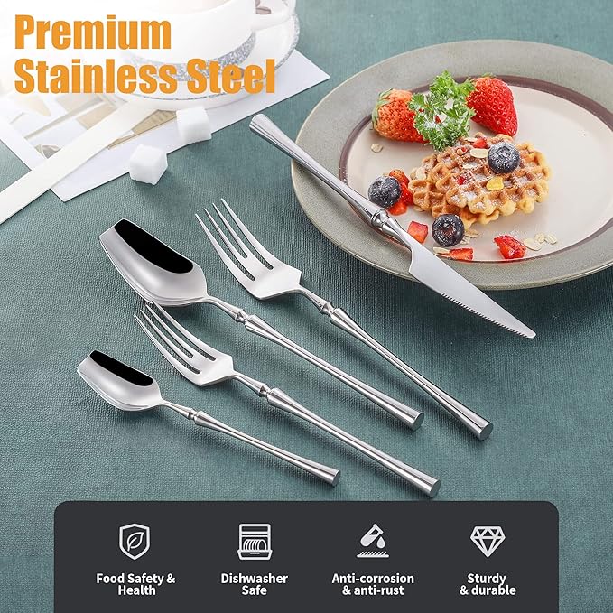 Lemeya 20-Piece Silverware Set for 4,Modern 18/10 Stainless Steel Flatware Set,Unique Rustic Cutlery Utensils Set,Spoon and Fork Set for Home, Restaurant,Wedding,Mirror Polished,Dishwasher Safe