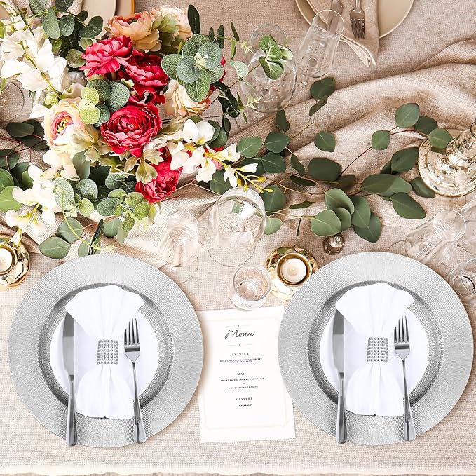 Tanlade 100 Pcs Silver Charger Plates Bulk, 13" Round Plastic Dinner Charger Plate, Shiny Silver Table Chargers Serving Plate Catering Tabletop for Thanksgiving Halloween Christmas Wedding Party Decor
