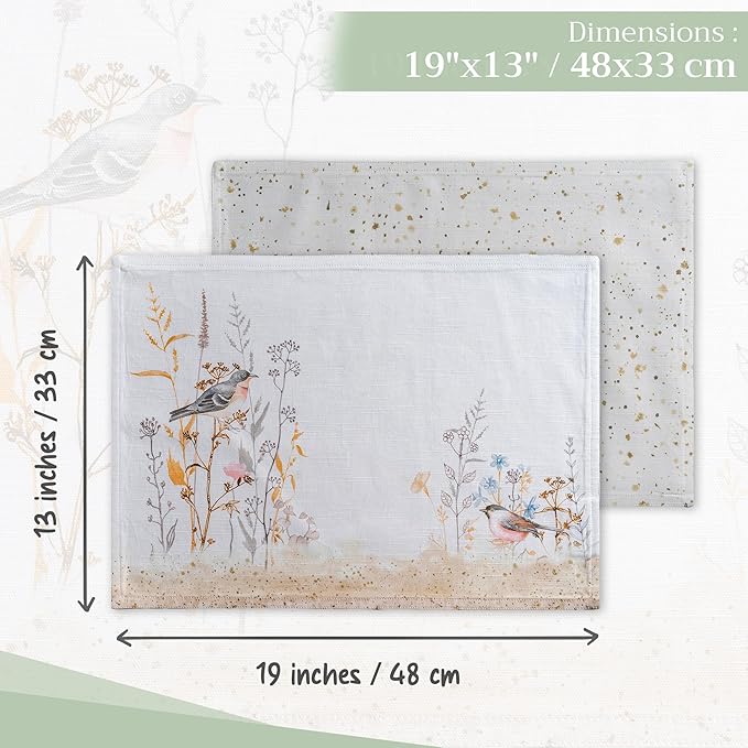 Maison d' Hermine Placemats Set of 4 100% Cotton Washable Cloth Place Mats, Reusable Table Mats for Kitchen Dining Decoration, Party, Restaurant Spring/Summer (Meadow Florals - Beige, 13" x 19")