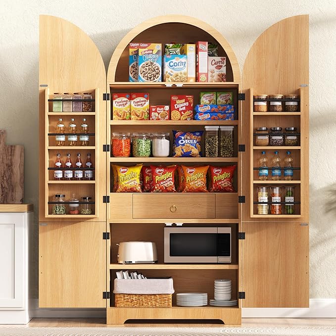 Ball & Cast 72?쿟all Arched Kitchen Pantry Cabinet with 8 Door Shelves & Drawers,Versatile Farmhouse Fluted Pantry Storage Cabinet w/ 3 Adjustable Shelves for Kitchen,Dining Room,Natural