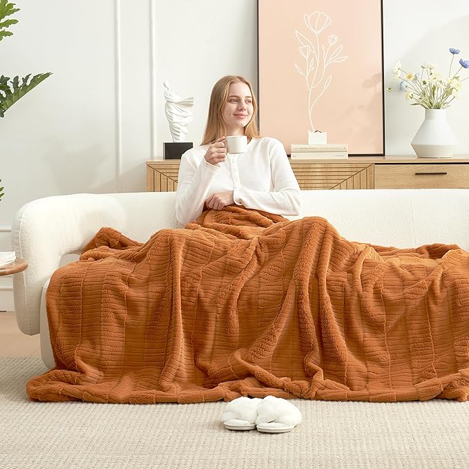 Am챕lie Home Luxury Striped Faux Fur Throw Blanket for Couch, Soft Cozy Fuzzy Fluffy Soft Plush Blankets Sofa Chair Gift Blankets for Women, 60"x80", Brown