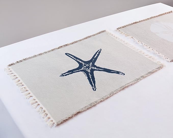 Living Fashions Table Placemats Set Of 4 - Beach Themed Nautical Kitchen Placemats For Dining Table - 100% Washable Cotton Place Mat- Seashell, Sand Dollar, Starfish & Anchor Designs With Fringes