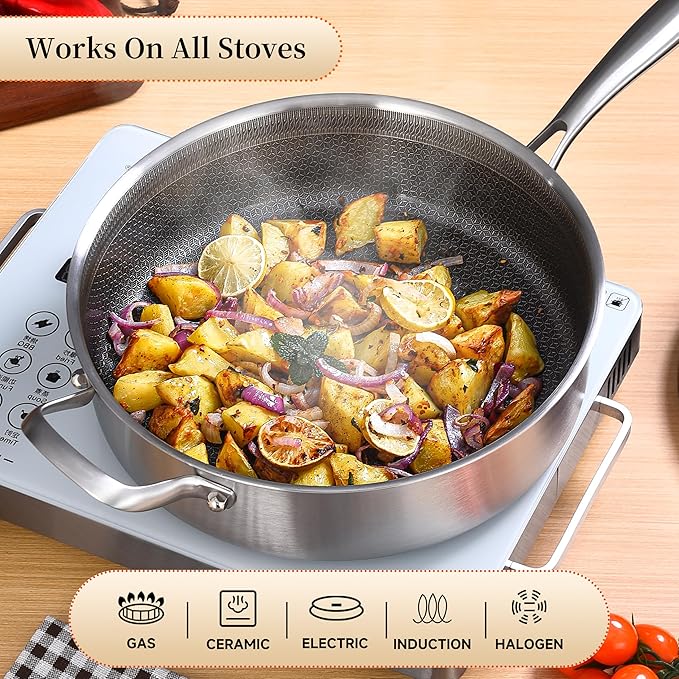 LOLYKITCH 6 Quarts Hybrid Non Stick Tri-Ply Stainless Steel Saut챕 Pan with Lid,12 Inch Deep Frying Pan,Large Skillet,Induction Cooking Pan, Oven Safe and Detachable Handle.