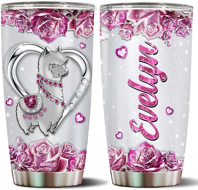WONWIX Personalized Llama Gifts for Women Girls Wife Daughter, Insulated Stainless Steel 20oz Tumbler, Coffee Cup Travel Mug Llamas Gift for Animal Lover, Christmas Birthday Mother's Day Valentine