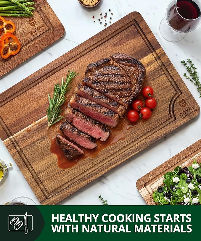 ROYAL CRAFT WOOD Acacia Wood Cutting Boards Set of 3 ??Premium Wooden Cutting Boards for Kitchen Meal Prep & Serving - Charcuterie & Chopping Butcher Block for Meat with Deep Juice Groove Side Handles