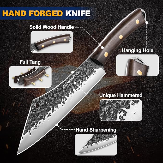 4-Piece Butcher Knife Set with 7??Cleaver, 8??Chef Knife, 8??Nakiri & 5??Utility Knife ??Hand Forged Full Tang Kitchen Knives with Sharpening Stone for BBQ, Meat, Veggies & Outdoor Cooking