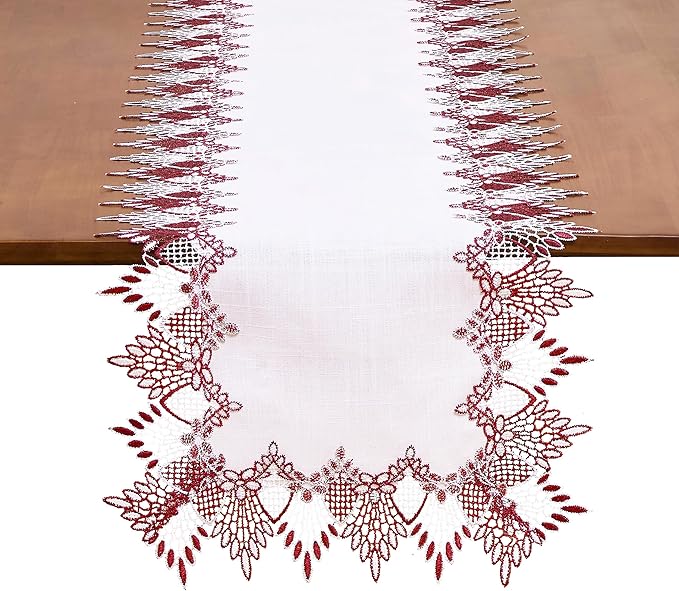Raedan White Dark Red Jacquard Lace Table Runner 60 inches Long, Claret Dresser Scarf Table Topper for Christmas Kitchen Coffee Table Wedding Party Home Decor (Dark Red, 16?쓝60??