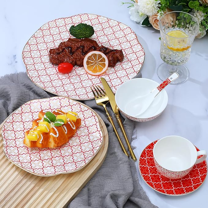 24 Piece Red Poreclain Dinnerware Set,Bone china Set for 4,Ceramic Plates and Bowls Sets With checkered cross pattern,Highly Chip and Crack Resistant | Oven & Dishwasher (Red + Checkered Cross)