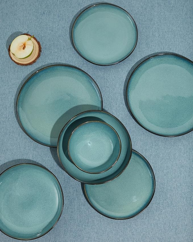 32 Piece Dinnerware Set for 8 with Pasta Bowls, Green Black Reactive Glaze Stoneware | All?멼n?멟ne Host Set for Entertaining, Holiday Meals, Multi?멌ourse Dinners | Unique Irregular Coastal Look
