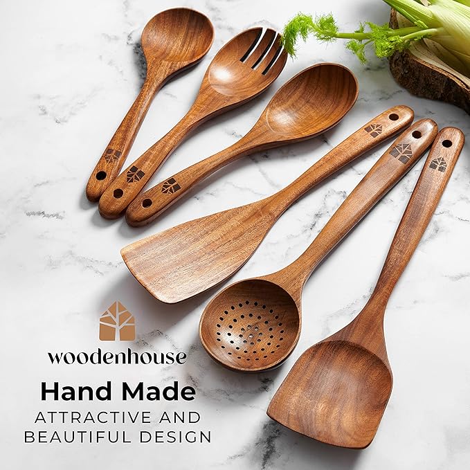 Wooden Spoons for Cooking ??Wooden Kitchen Utensils Set, 6 Pcs Teak Wood Utensil Set ??Comfortable Grip Non?밪tick Wooden Cooking Utensils - Kitchen Gifts for Women Men, Cooking Gifts for Men Women