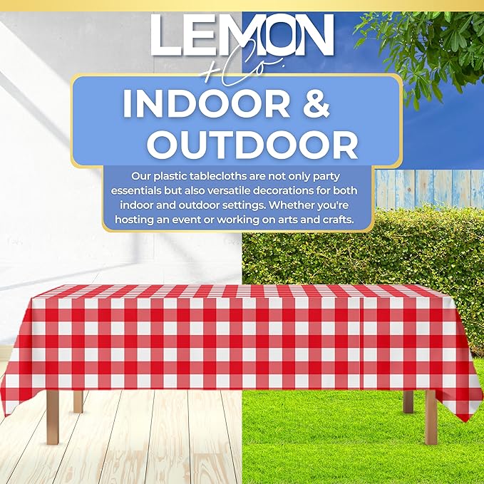 LEMON + Co. Red Gingham Rectangle Table Cover Disposable Plastic Tablecloth 54 Inch. x 108 Inch. Premium Decorative Rectangle Table Cover 10 Pack