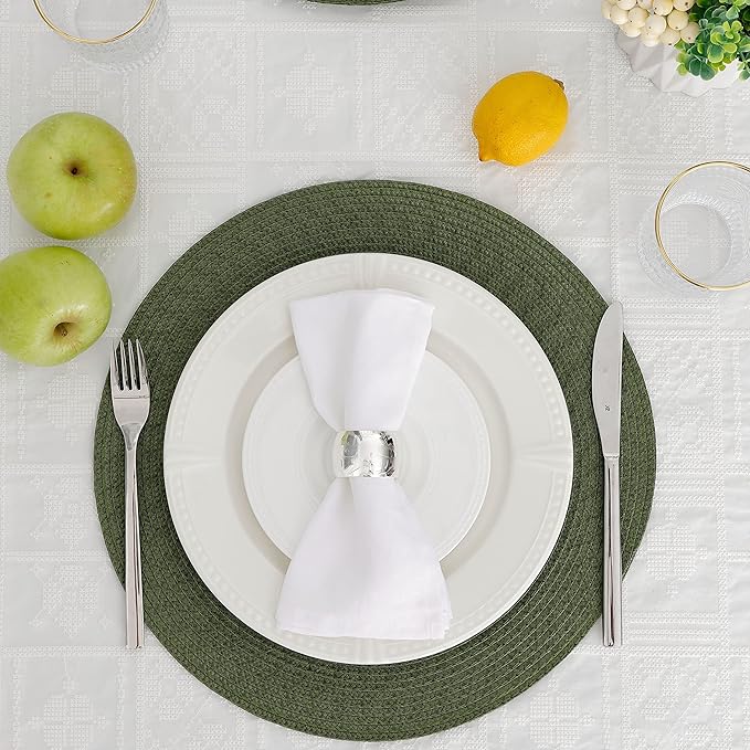 HODJOY Placemat, Round Placemat for Dining Table, Washable Woven Placemats for Christmas, 15 inch, Set of 6, Olive