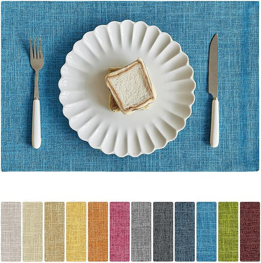 Softalker Faux Linen Placemats Set of 4-12 x 18 Inch, Heat Resistant Double Layered Durable Burlap Farmhouse Place Mats, Non-Slip Washable Rustic Table Mats for Dining, Kitchen, Party竊늆ky Blue