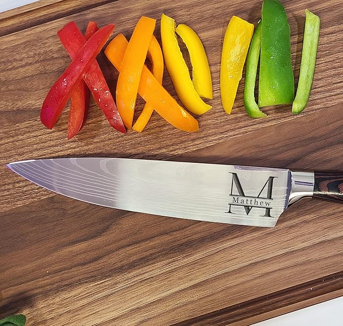 Professional Chef Knife | Personalized 8" Stainless Steel Kitchen Knife | Custom Engraved Initial & Name | Brown Pakka Wood Handle