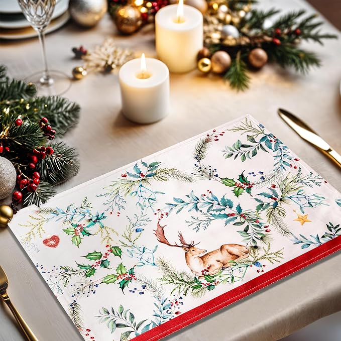 Maison d' Hermine Placemats Set of 4 100% Cotton Washable Cloth Place Mats, Reusable Table Mats for Thanksgiving Christmas Decorations Kitchen Dining Party Wedding Restaurant (Holly Time, 13" x 19")