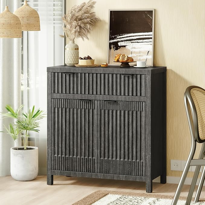 FLOWBACK Black Storage Cabinet with Drawers, Fluted Cabinet Buffet Bar, Farmhouse Buffet Sideboard with Storage, Coffee Bar with Drawer and Door, Modern Wood Console Cabinet for Kitchen, Living Room