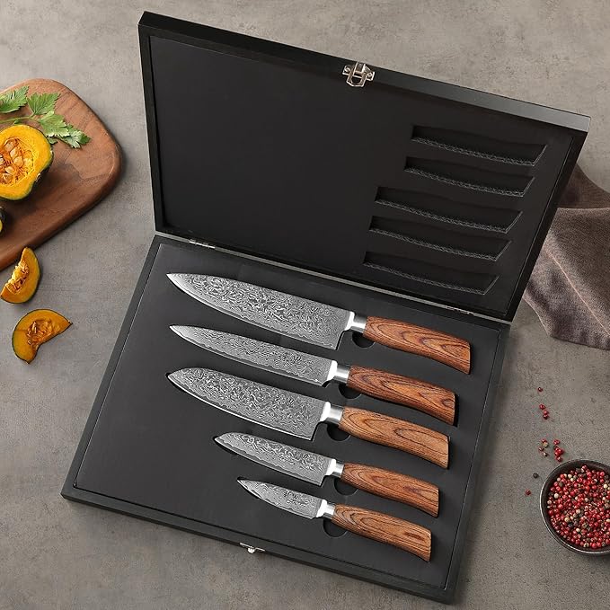 Wakoli EDIB Pro 5-Piece Damascus Knife Set ??Professional Chef Knives Set with VG10 Core Blades, 67-Layer Damascus Steel and Ergonomic Pakkawood Handles ??Premium Kitchen Knives in Wooden Gift Box