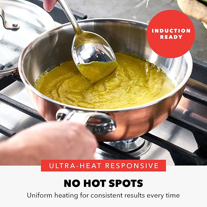 GreenPan x Bobby Flay 2QT Copper Clad Chef?셲 Pan with Lid, Induction Ready Sauce Pot, Measurement Markings, Stainless Steel Base & Interior, Oven Safe Saucepan to 500?F