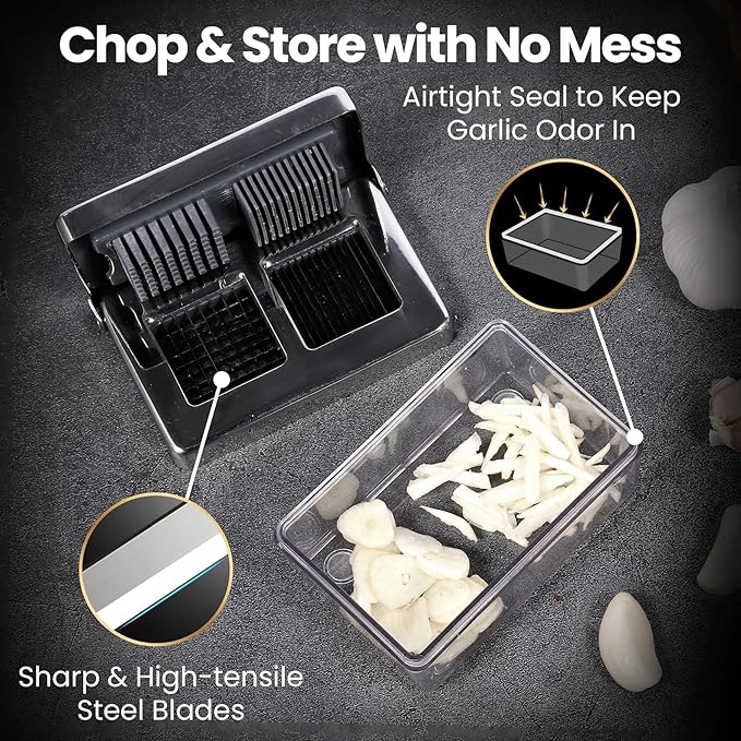 Garlic Press Stainless Steel, Garlic Chopper Mini & Slicer Super Thin 2 in 1, Odor Free Ginger Dicer with Storage Container, Dishwasher Safe Mini Chopper, Premium Mincer with 5 Year Warranty