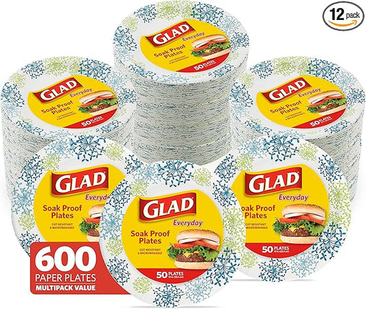 Glad Round Disposable Paper Plates, Blue Hydrangea Pattern - Strong, Sturdy, Soak Proof, and Microwavable Decorative Plates for Dinner and Everyday Use, 10 Inch, 50 Count - 12 Pack