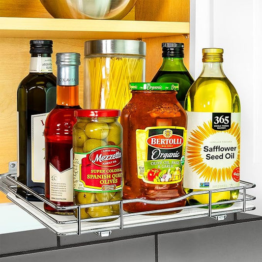 LYNK PROFESSIONAL짰 Pull Out Spice Rack Organizer for Inside Kitchen Cabinets - 12-3/8 inch Wide - Slide Out Drawer ??Chrome Sliding Spice Cabinet Organization Shelf Racks - 1 Tier