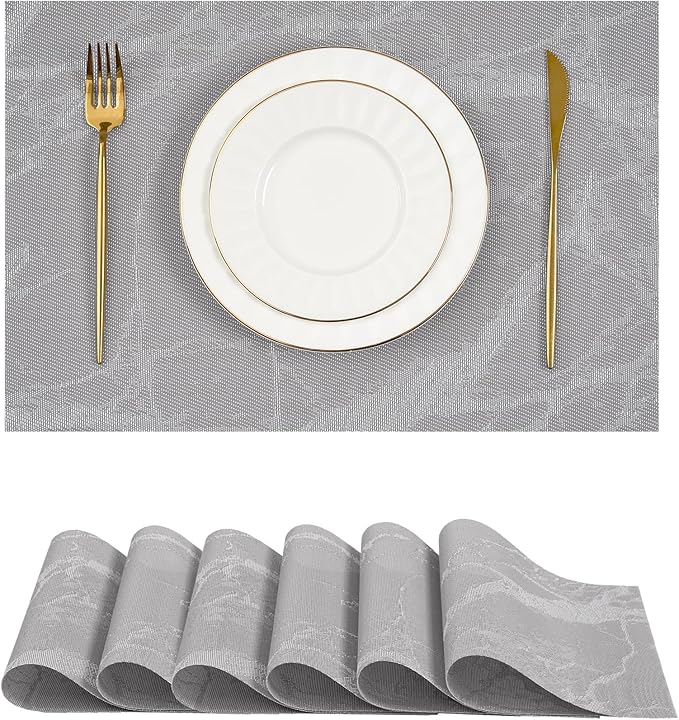 Leetaltree Reversible Marble Placemats Set of 6 ??Ships Flat and Stays Flat, Durable Washable Vinyl PVC Placemats, Heat Resistant, Easy Wipe Clean (Gray Marble Pattern)