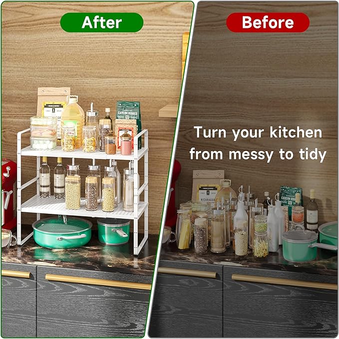 Expandable Kitchen Cabinet Shelf Organizer Rack Heavy Duty Metal Spice Rack Stackable Kitchen Counter Storage Shelf for Cabinet Pantry Bathroom (White - 16.5"-27" L x 10.2" W x 9.6" H - 2Pack)