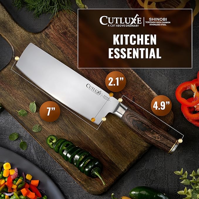 Cutluxe Nakiri Knife ??Ultra Sharp 7" Meat and Vegetable Japanese Knife for Chopping, High Carbon Stainless Steel Blade, Full Tang Pakkawood Handle ??Shinobi Series