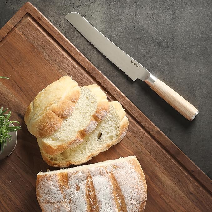 Babish 8-Inch Bread Knife ??High-Carbon 1.4116 German Steel Serrated Knife with Light Pakka Wood Handle, Full-Tang Razor Sharp Kitchen Knife for Slicing Bread, Crusting & Artisan Loaves