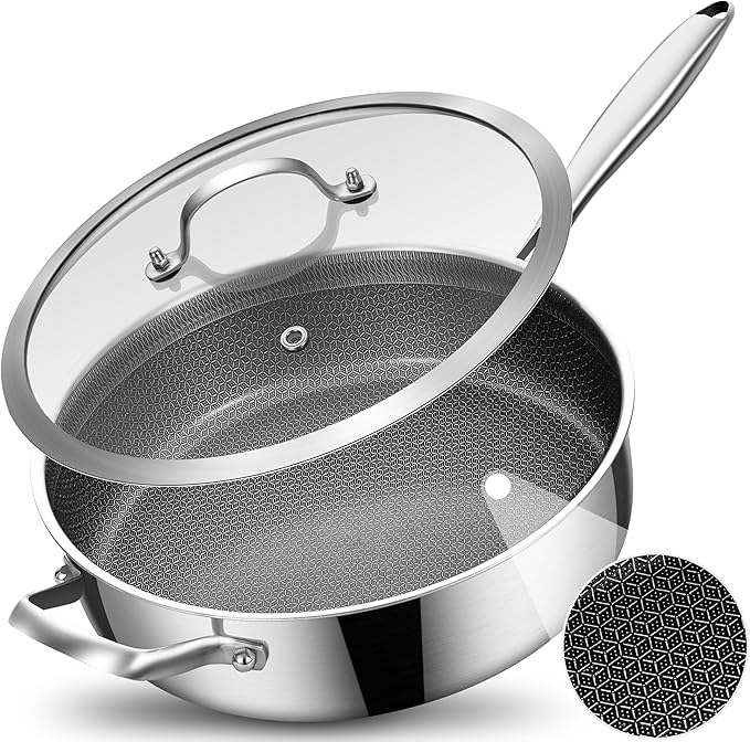 LOLYKITCH 5 QT Hybrid Ceramic Coating Non Stick Tri-Ply Stainless Steel Saut챕 Pan with Lid, 12 Inch Deep Frying Pan PFOA & PFOS Free,Induction Cooking Pan, Dishwasher and Oven Safe
