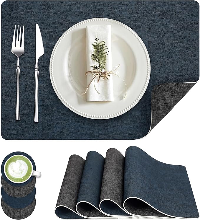 Fyvva Placemats Set of 4, Faux Leather Heat Resistant Wipeable Placemats, Dual Sided Waterproof Washable Table Mats with Coaster, Suitable for Kitchen, Dining, Table Decor (4, Black Navy Blue)