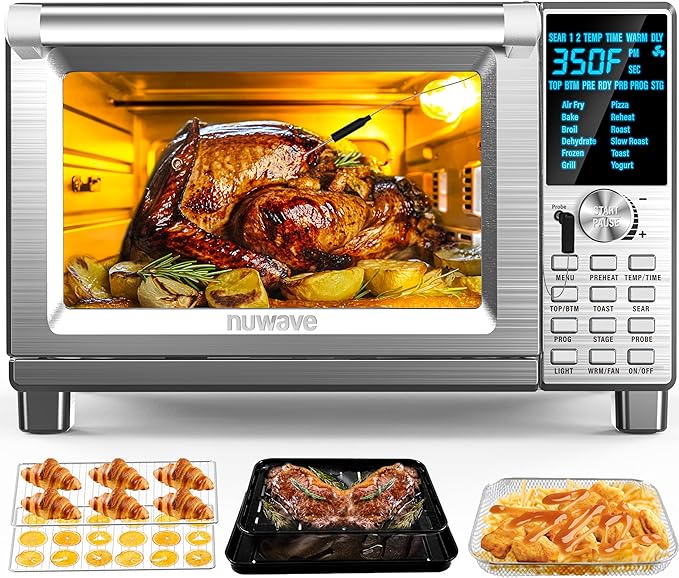 Nuwave Bravo Air Fryer Toaster Smart Oven, 12-in-1 Countertop Convection, 30-QT XL Capacity, 50째-500째F Temperature Controls, Top and Bottom Heater Adjustments 0%-100%, Brushed Stainless Steel Look